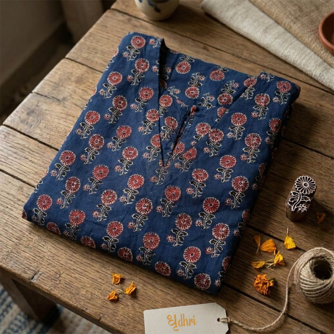 Blue Cotton Ajrakh Marigold Motif Long Kurta