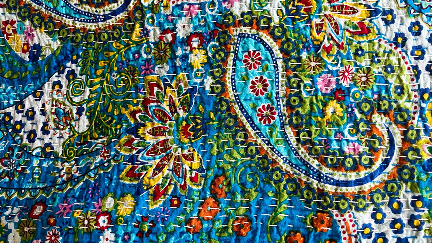 Blue with Floral Pattern Dohar Kantha All - Over Single