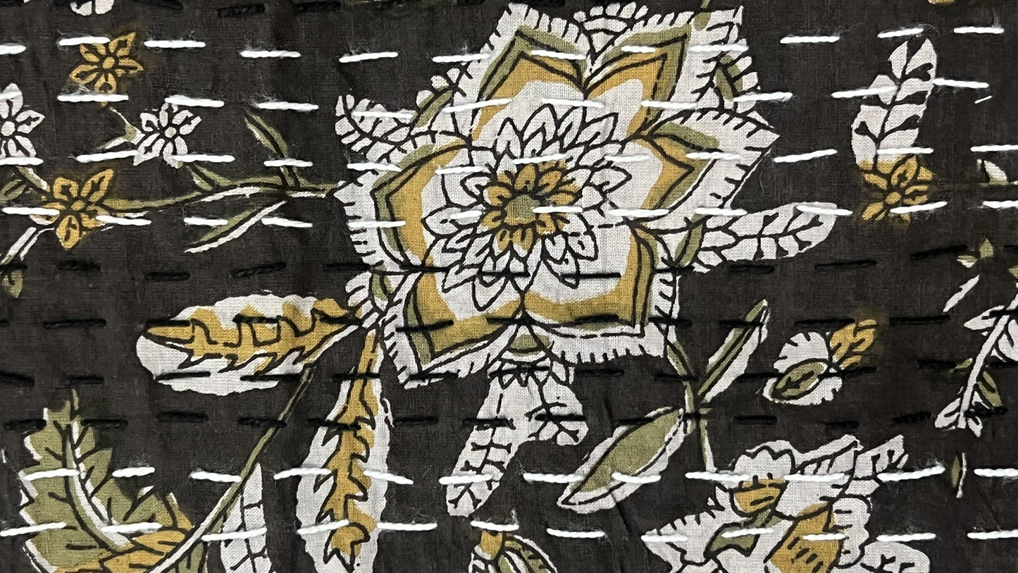Black Mehndi Green Flowers Dohar Kantha All - Over Double