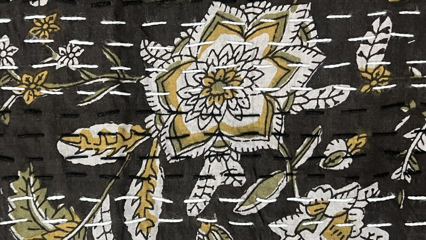 Black Mehndi Green Flowers Dohar Kantha All - Over Double