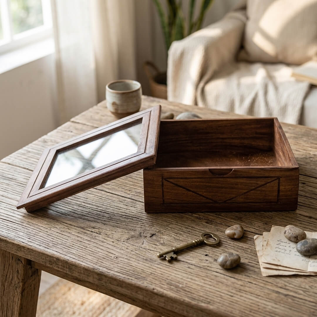 Glass Lid Utility Box in Sheesham Wood
