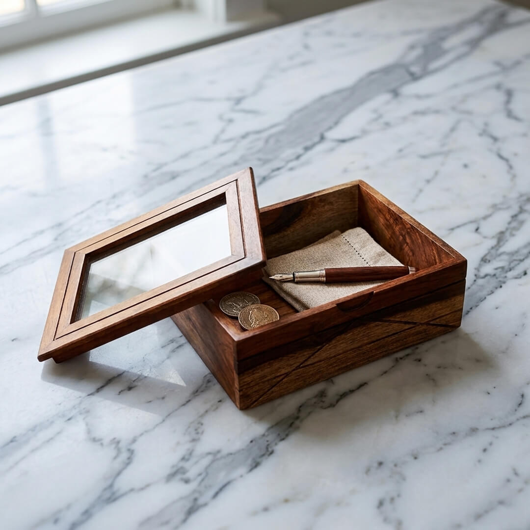 Glass Lid Utility Box in Sheesham Wood