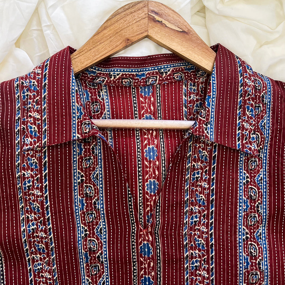 Kantha on Ajrakh Kurta with Pockets