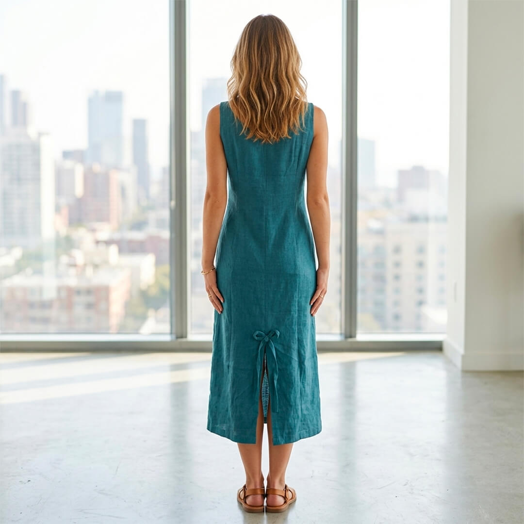 Linen Green Dress with Frilled Pockets & Buttons