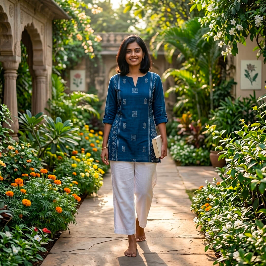 Woman in a blue top and white linen pants walking through a garden path.