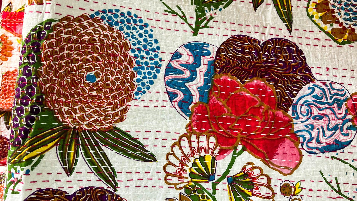 White with Chrysanthemum Flowers Dohar Kantha All - Over Single