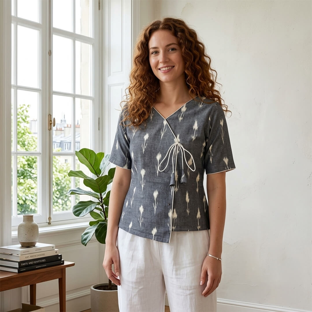 Angrakha Top in Grey Ikkat