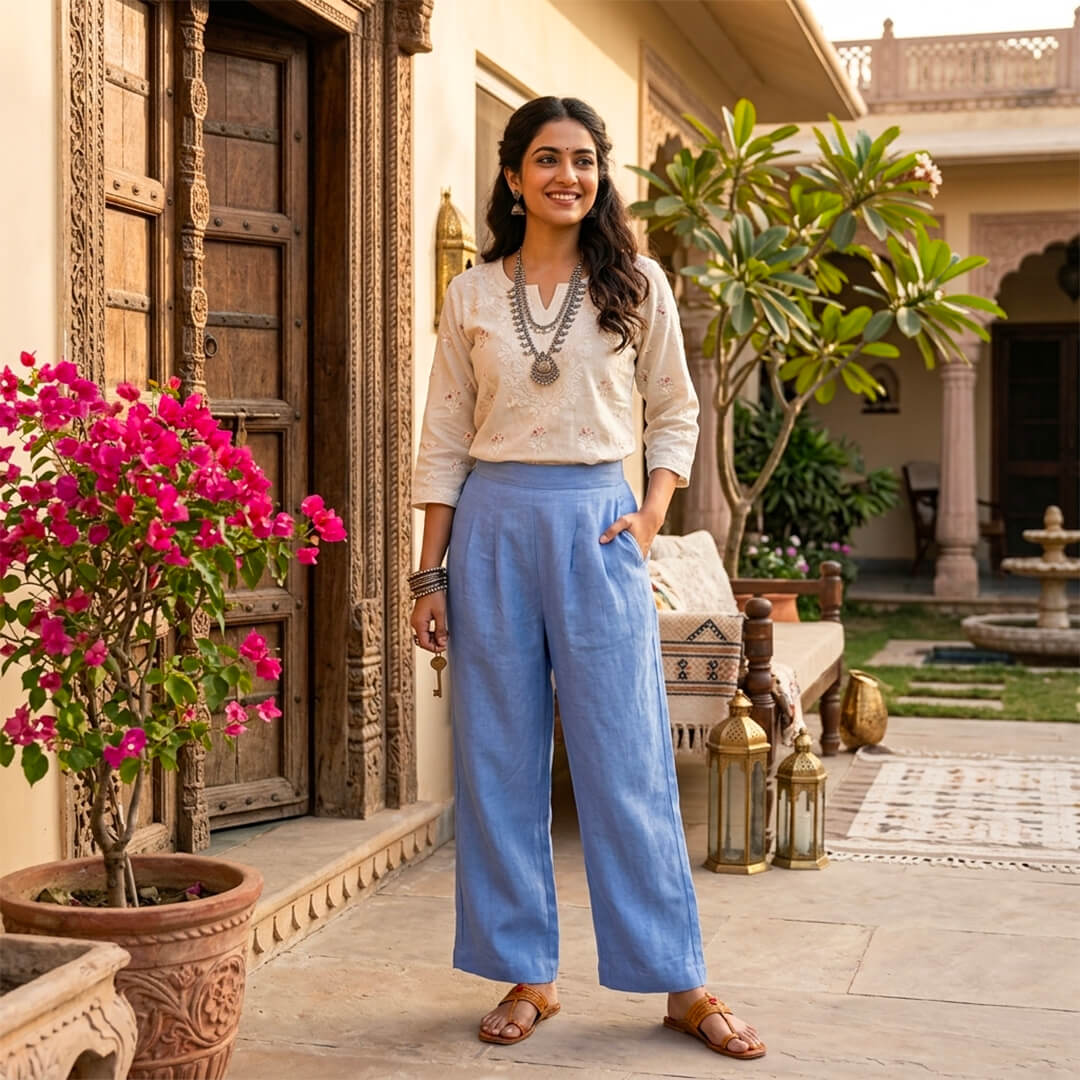 Woman standing in a decorative outdoor setting with flowers and traditional architecture.