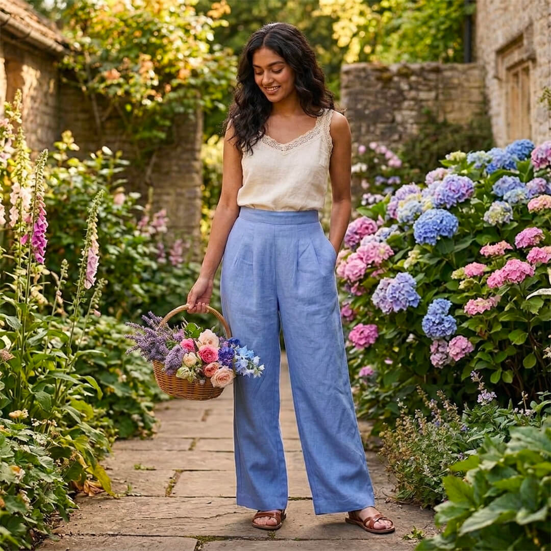 Woman in a garden holding a basket of flowers