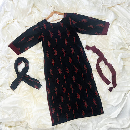 Black and Red Block Print Cotton Kurta with Pockets