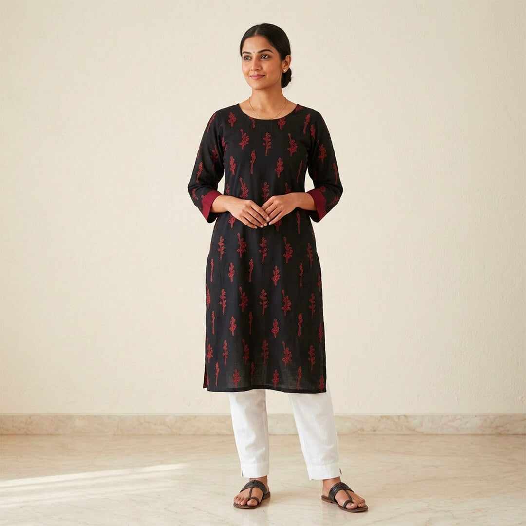 Black and Red Block Print Cotton Kurta with Pockets
