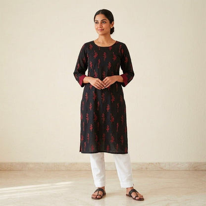 Black and Red Block Print Cotton Kurta with Pockets