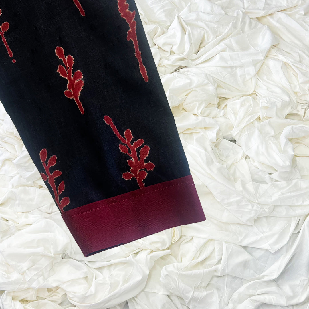 Black and Red Block Print Cotton Kurta with Pockets