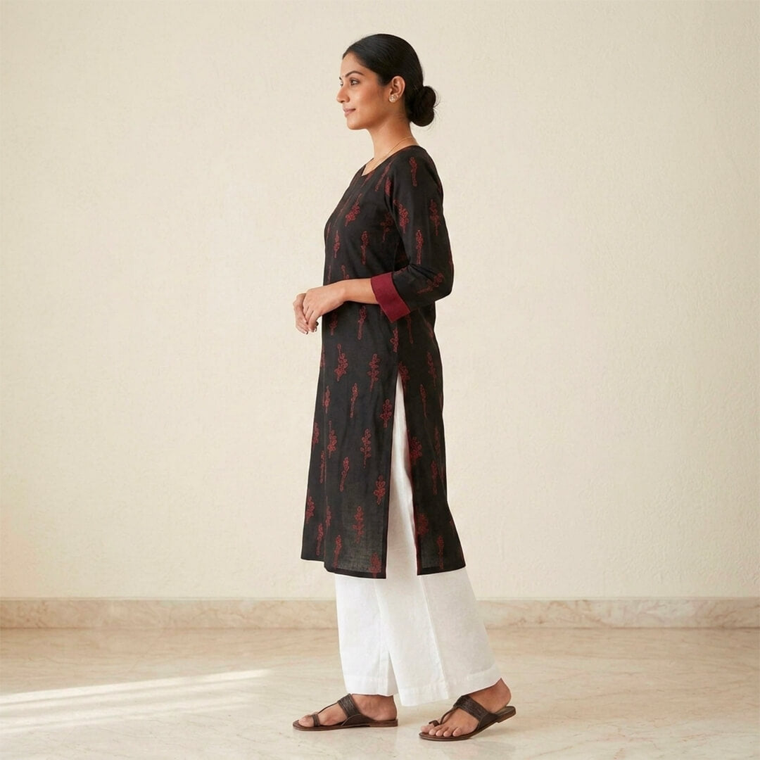 Black and Red Block Print Cotton Kurta with Pockets