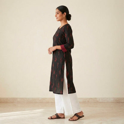Black and Red Block Print Cotton Kurta with Pockets