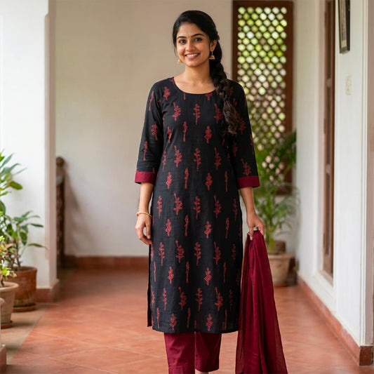 Black and Red Block Print Cotton Kurta with Pockets