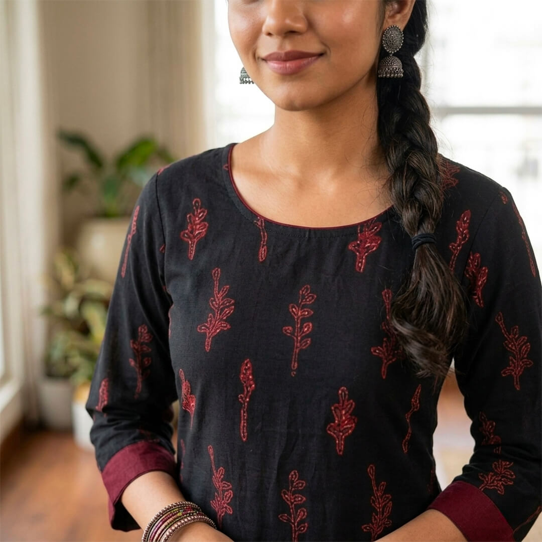 Black and Red Block Print Cotton Kurta with Pockets