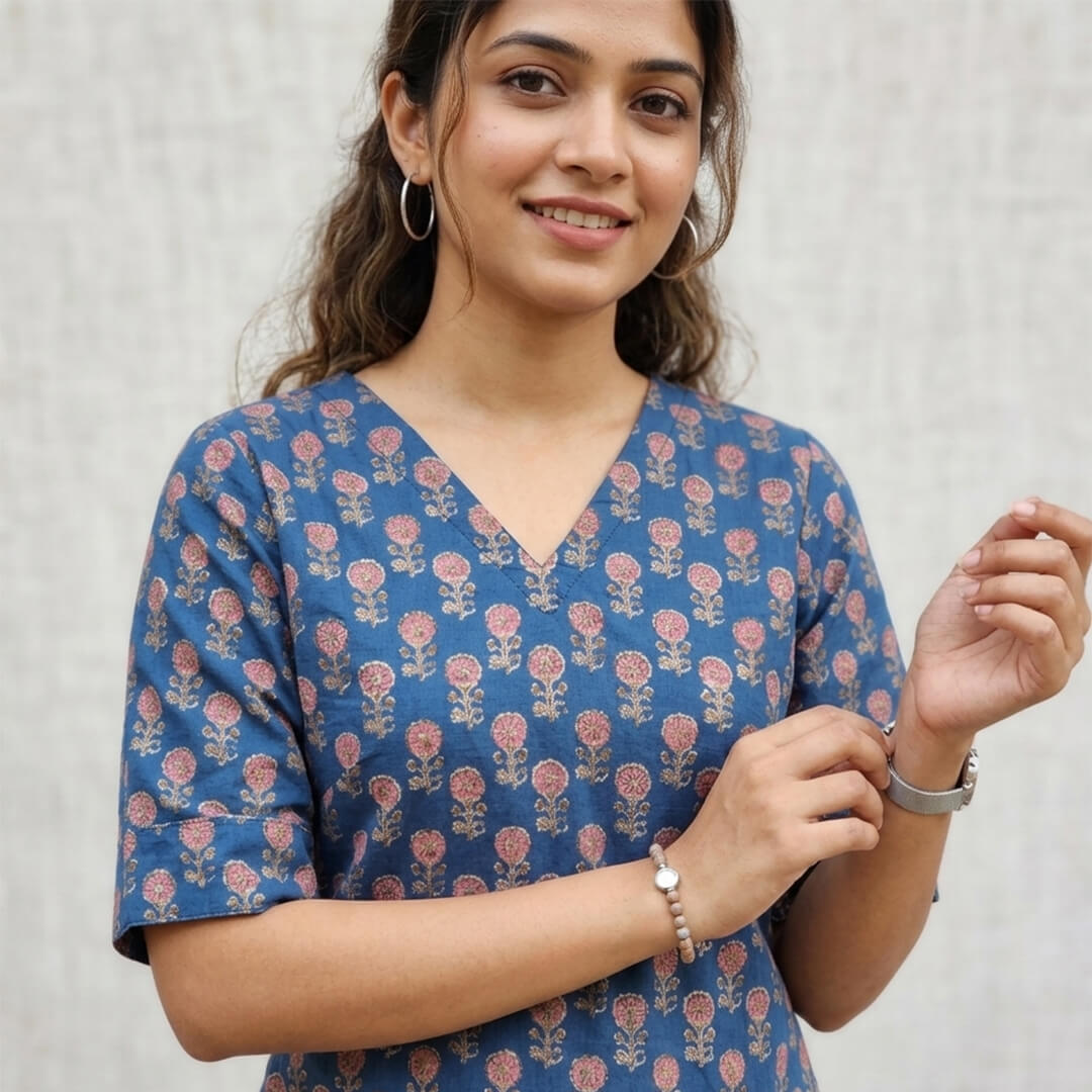 Blue Cotton Ajrakh Marigold Motif Long Kurta