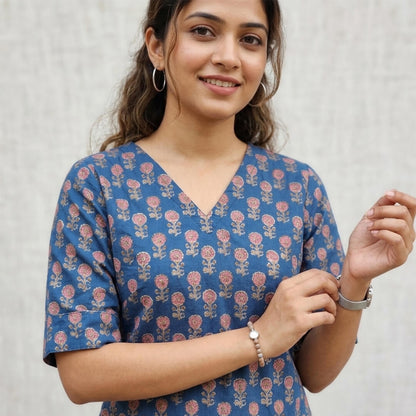 Blue Cotton Ajrakh Marigold Motif Long Kurta