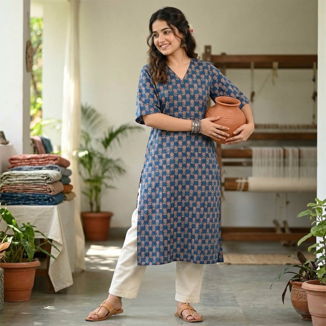 Blue Cotton Ajrakh Marigold Motif Long Kurta