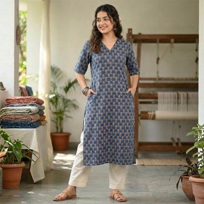 Blue Cotton Ajrakh Marigold Motif Long Kurta