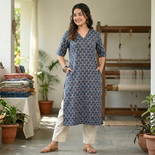 Blue Cotton Ajrakh Marigold Motif Long Kurta