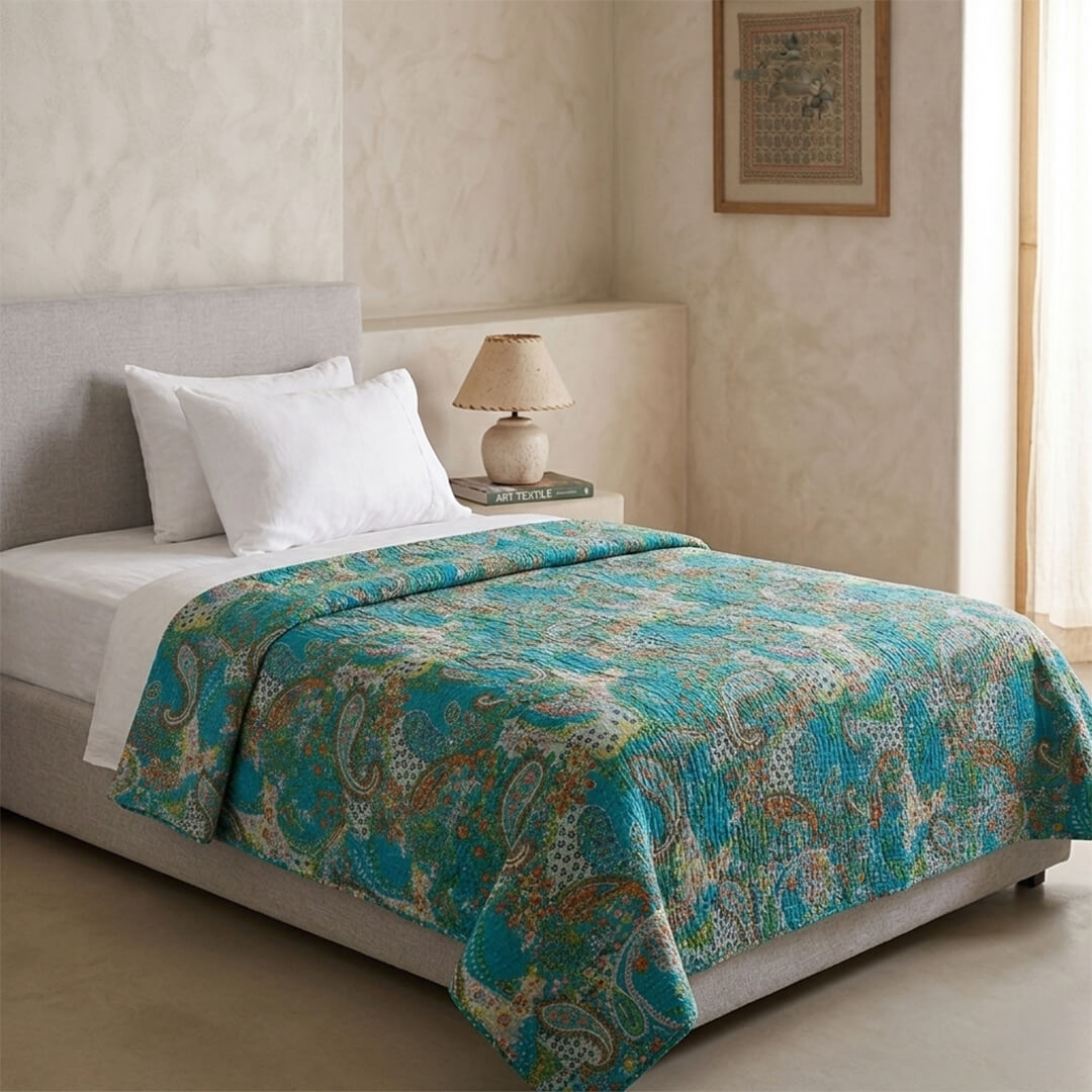 Blue with Floral Pattern Dohar Kantha All - Over Single