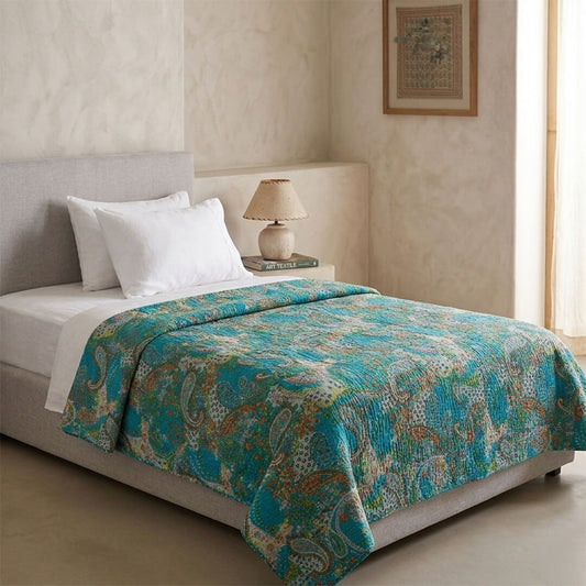 Blue with Floral Pattern Dohar Kantha All - Over Single