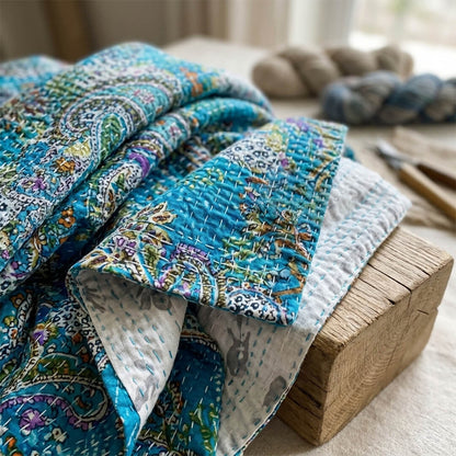 Blue with Floral Pattern Dohar Kantha All - Over Single