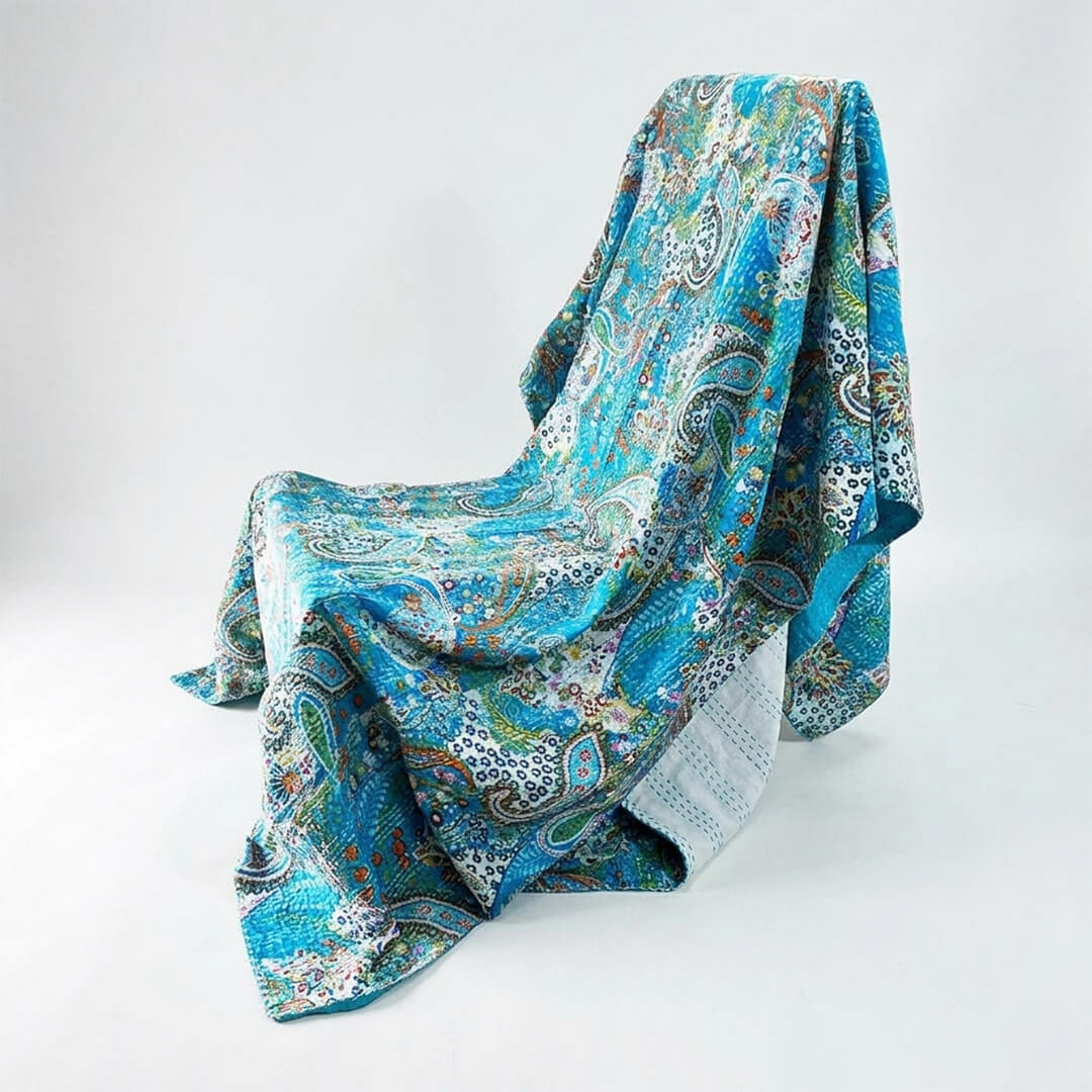 Blue with Floral Pattern Dohar Kantha All - Over Single
