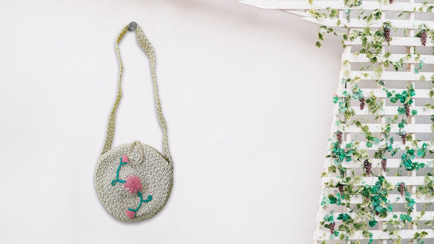 Braided Round Sling Bag in Zari Cotton Thread