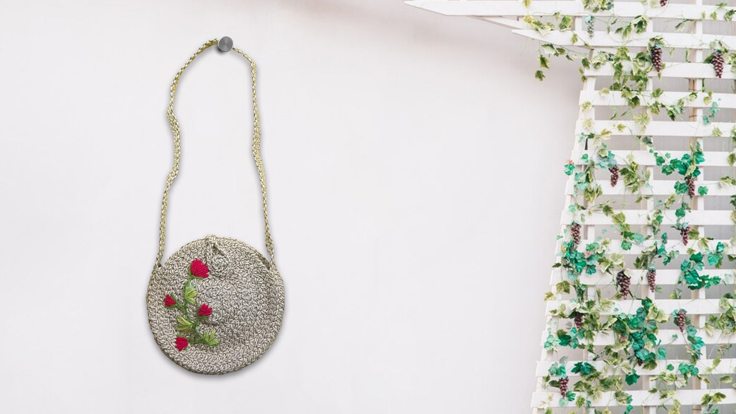 Braided Round Sling Bag in Zari Cotton Thread
