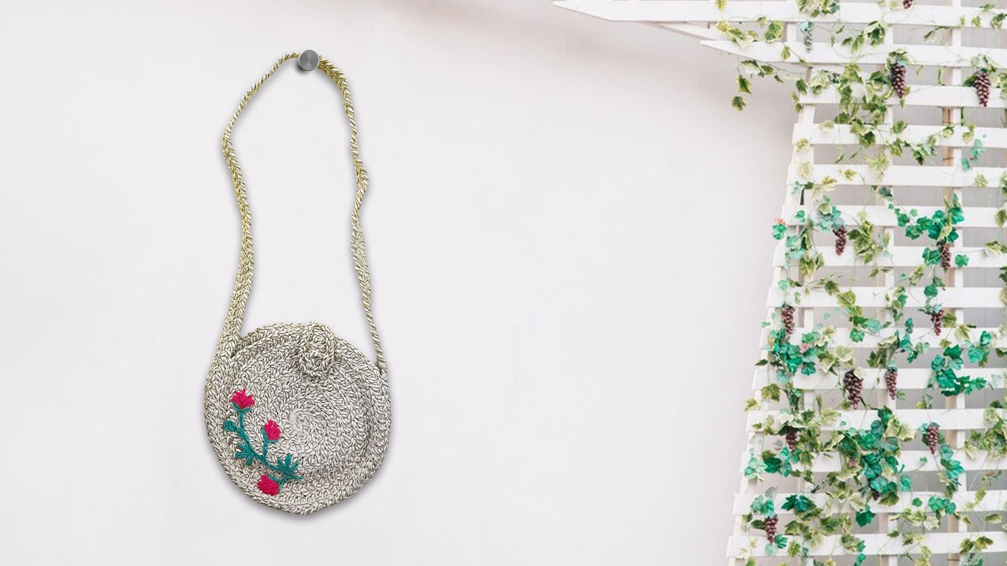 Braided Round Sling Bag in Zari Cotton Thread