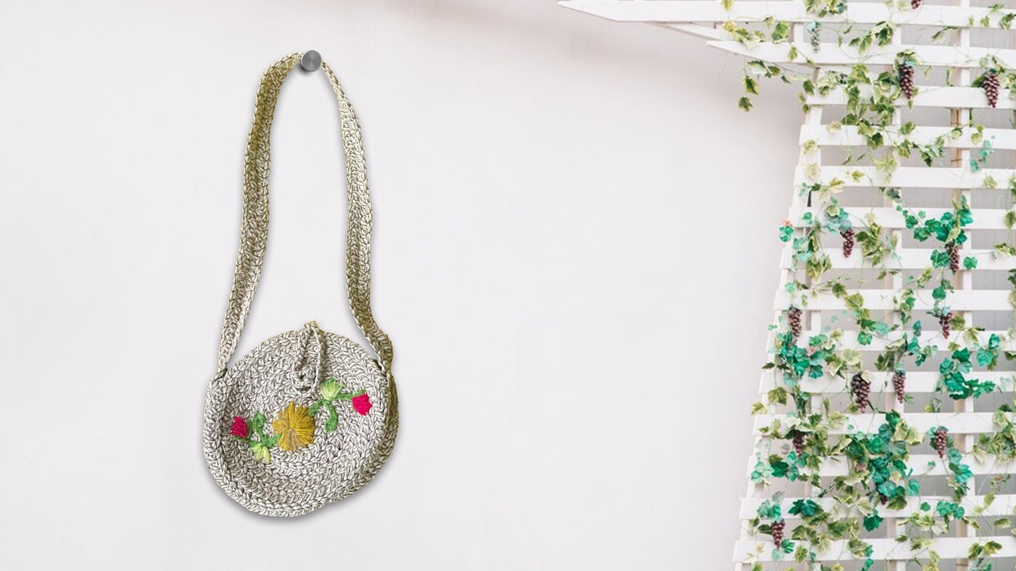 Braided Round Sling Bag in Zari Cotton Thread