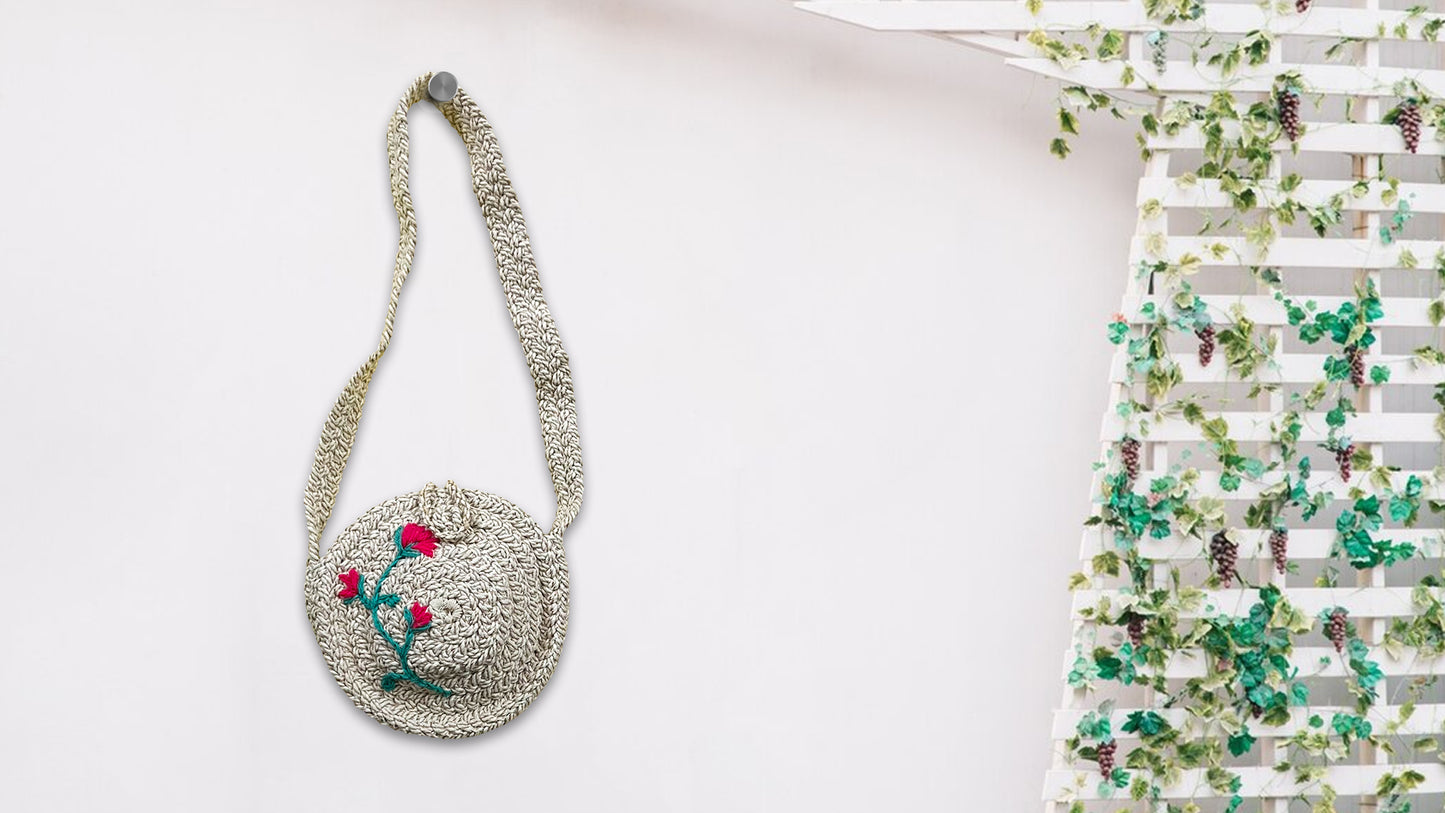 Braided Round Sling Bag in Zari Cotton Thread