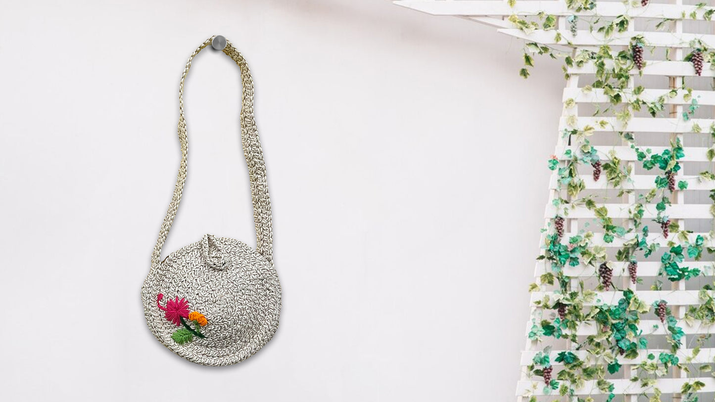 Braided Round Sling Bag in Zari Cotton Thread