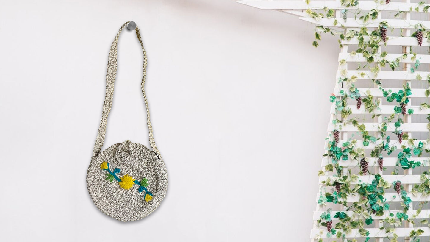 Braided Round Sling Bag in Zari Cotton Thread