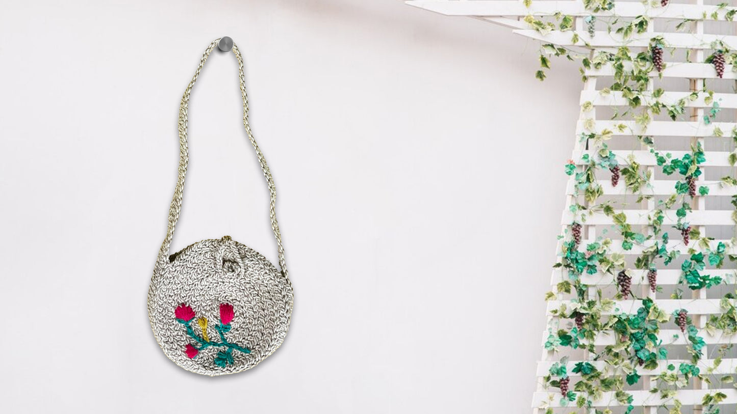 Braided Round Sling Bag in Zari Cotton Thread