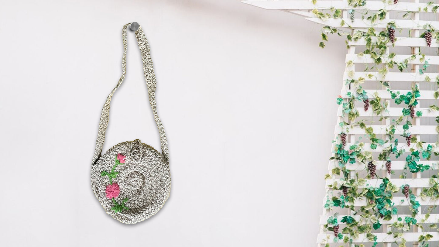 Braided Round Sling Bag in Zari Cotton Thread