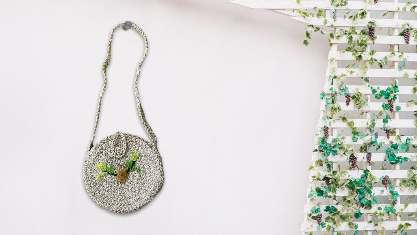 Braided Round Sling Bag in Zari Cotton Thread