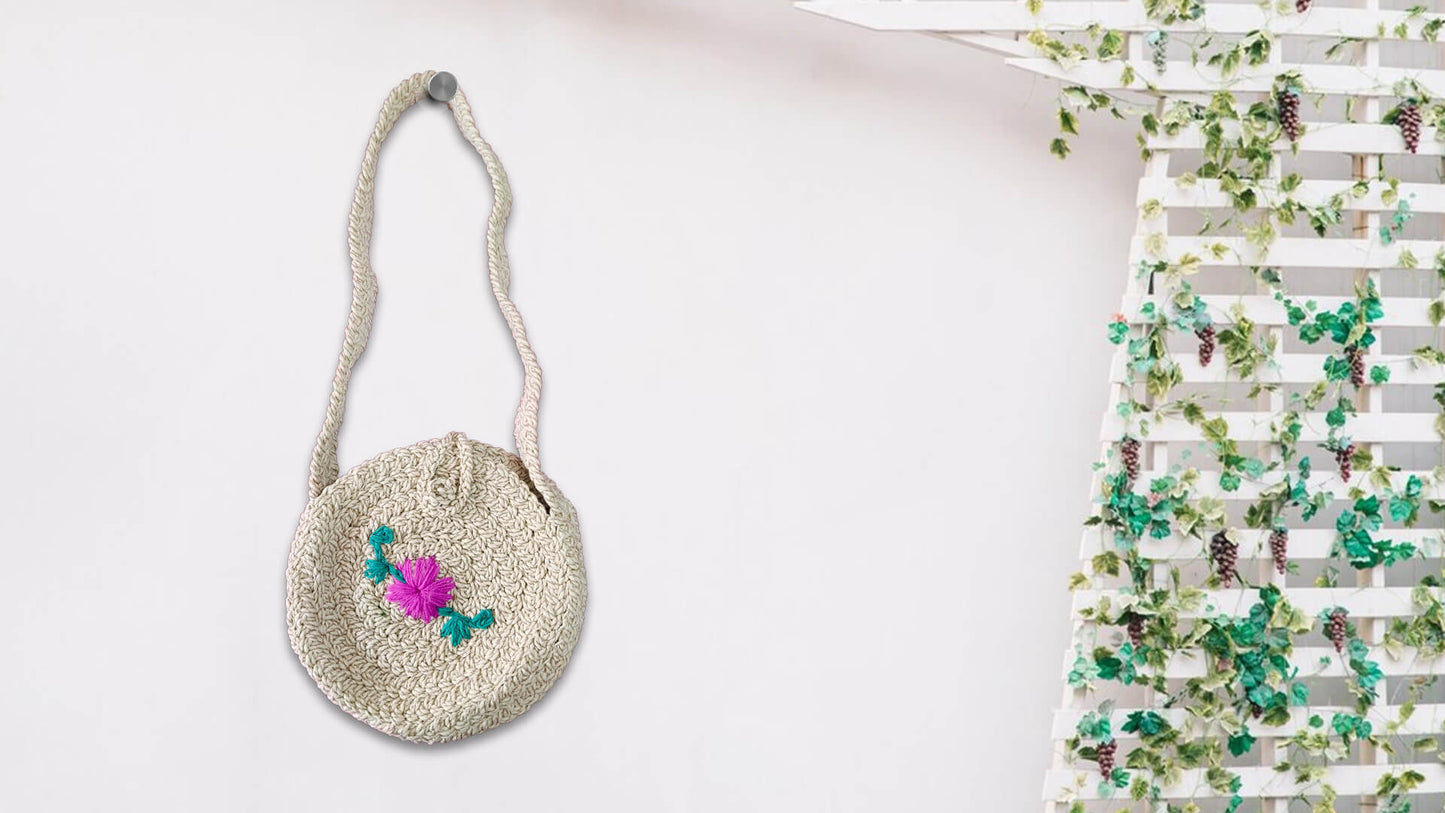 Braided Round Sling Bag in Zari Cotton Thread