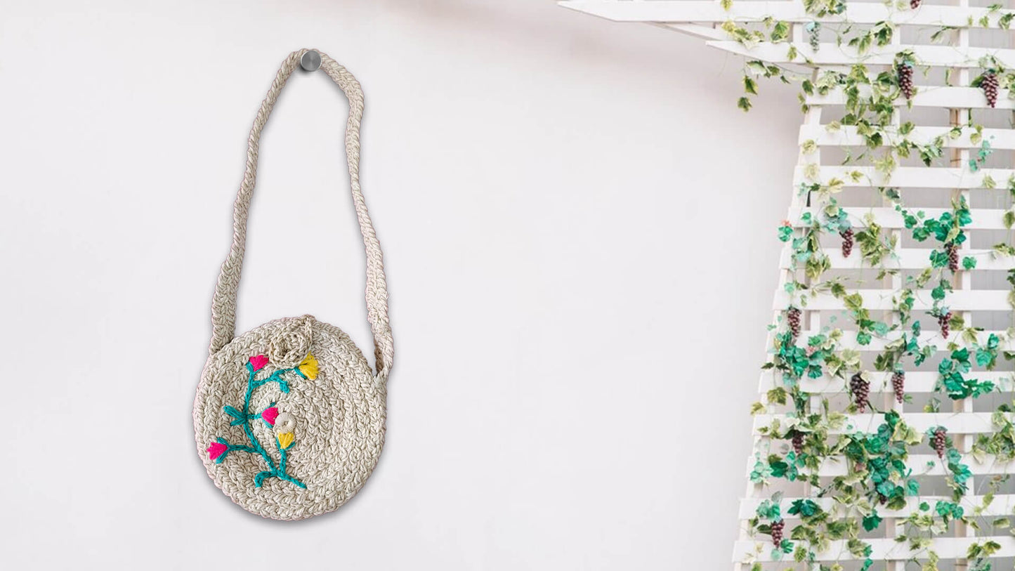 Braided Round Sling Bag in Zari Cotton Thread
