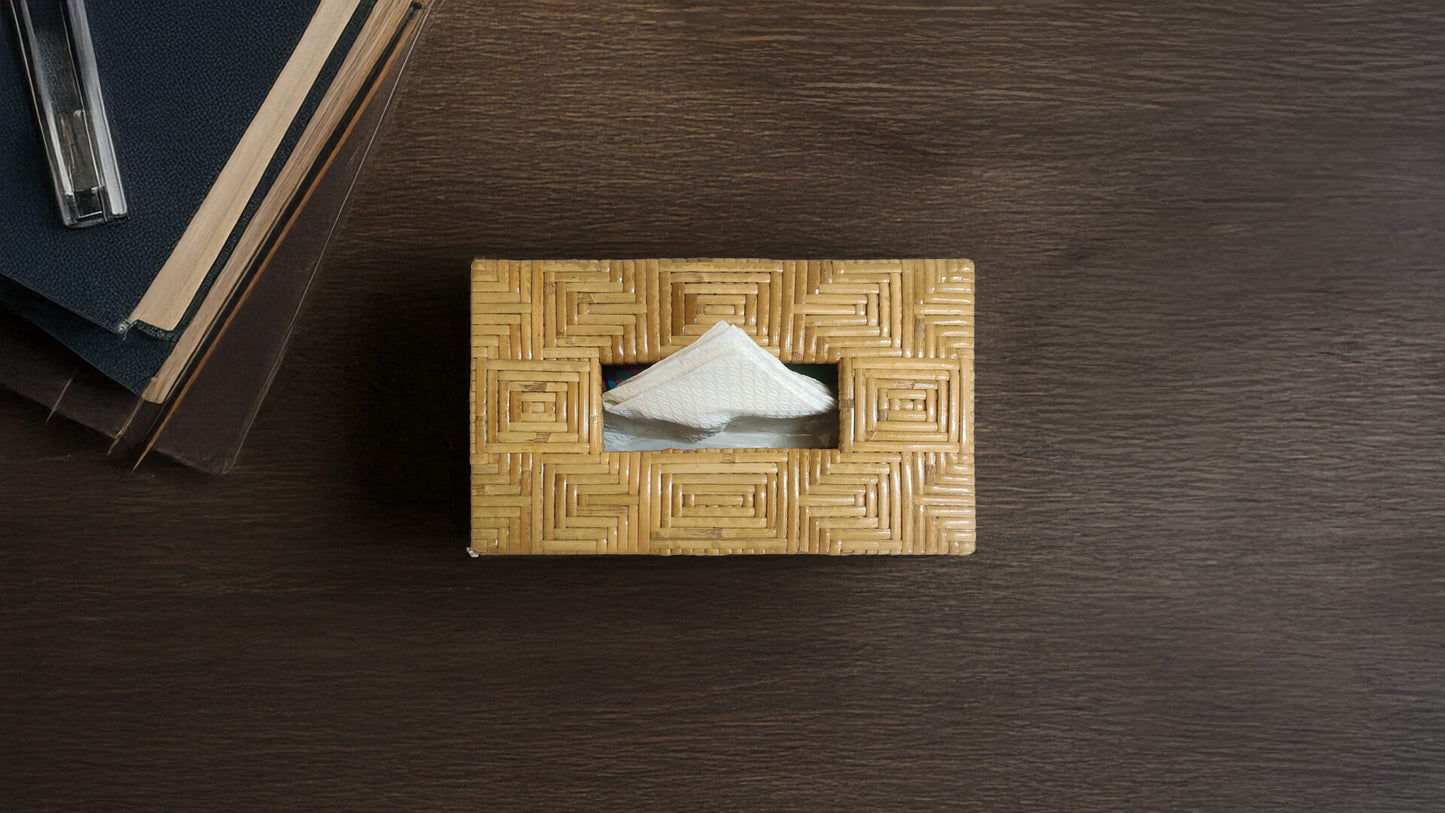Rectangular Handwoven Cane Tissue Box – Maze Pattern