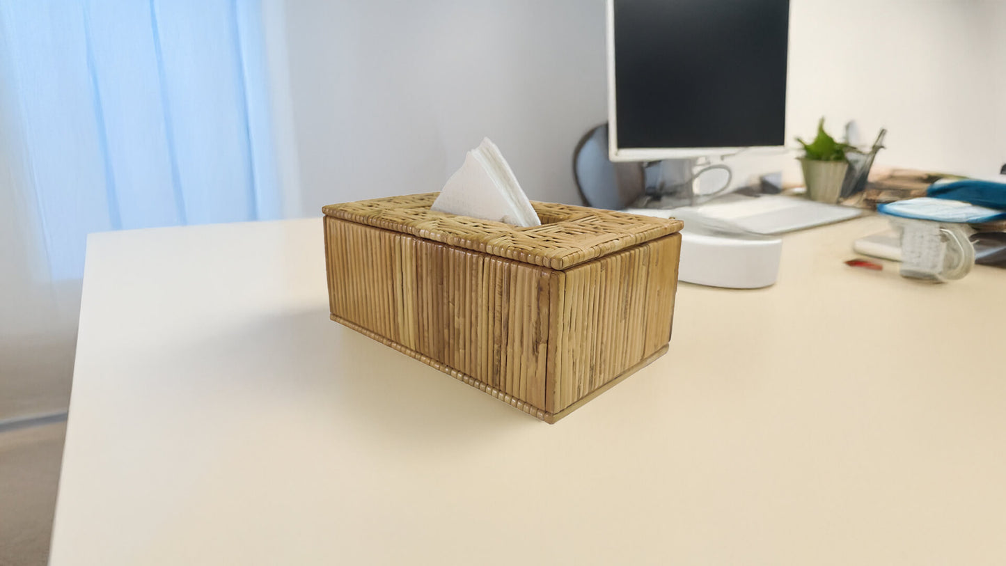 Rectangular Handwoven Cane Tissue Box – Square Pattern