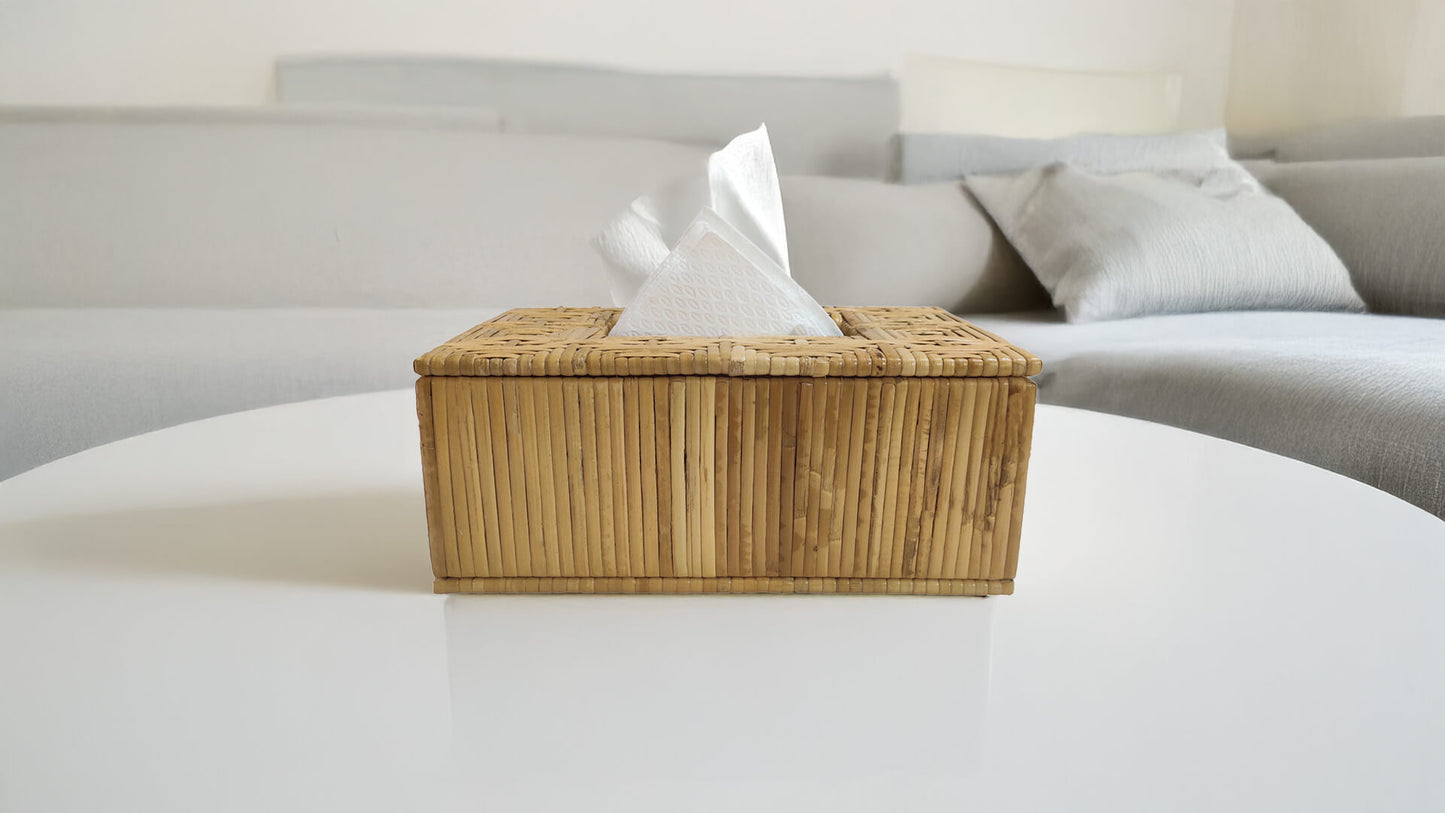 Rectangular Handwoven Cane Tissue Box – Square Pattern