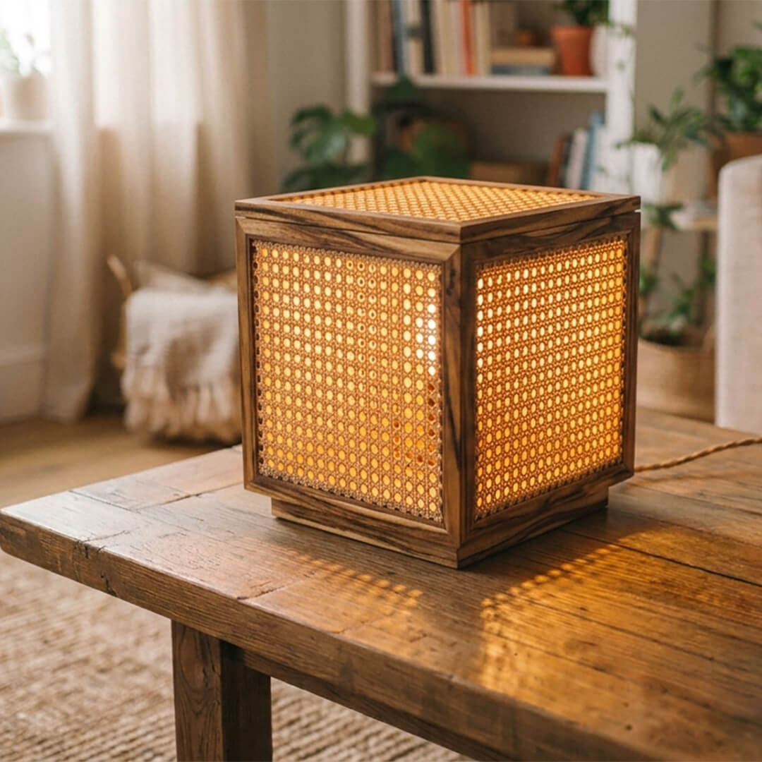 Cane Table Lamp in Indian Acacia