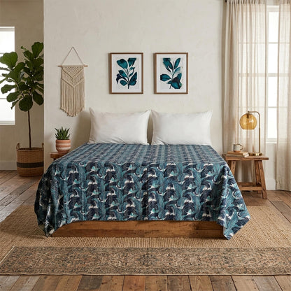 Dark Blue Light Blue Leaves Dohar Kantha All - Over Double