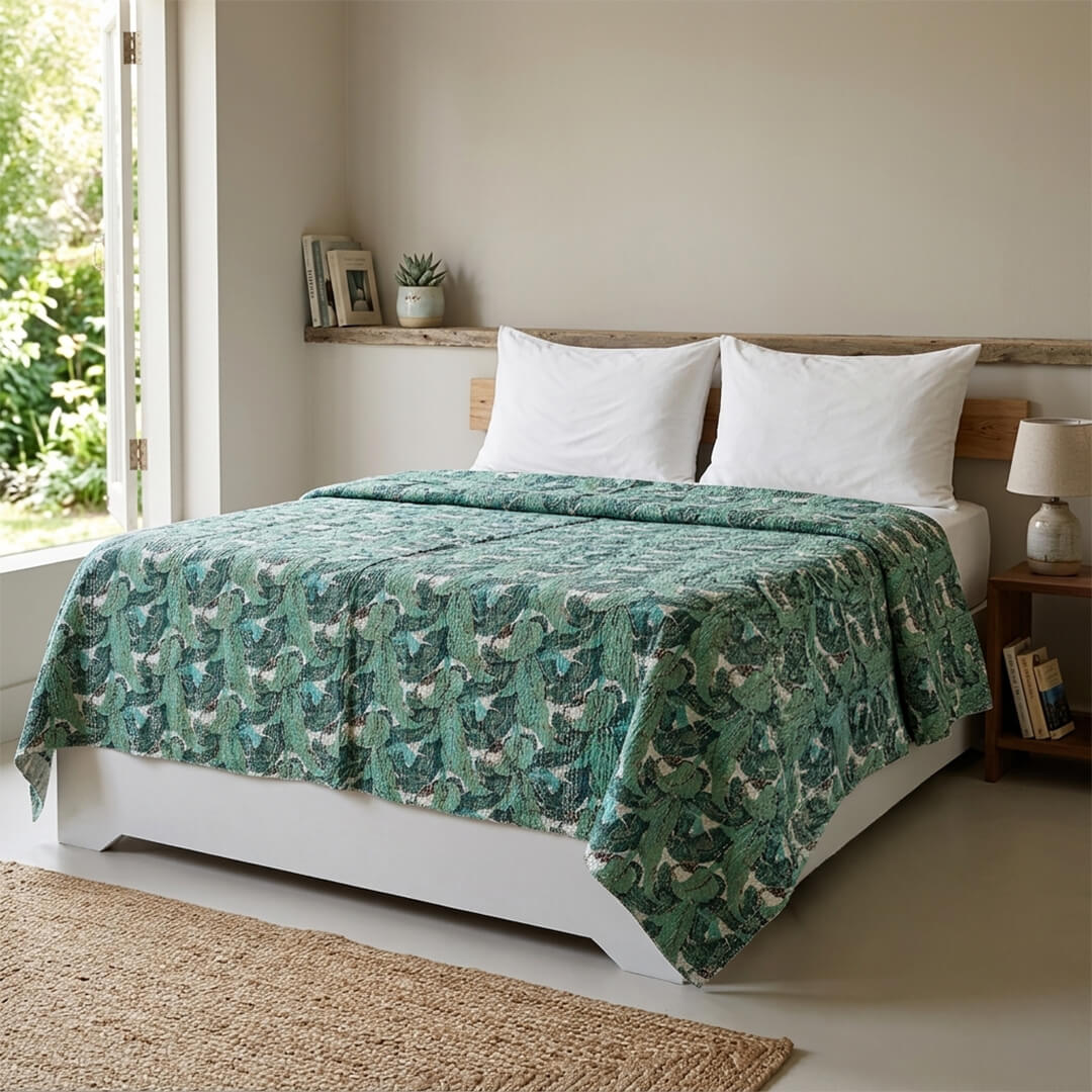 Dohar Cream Green Leaves Dohar Kantha All - Over Double