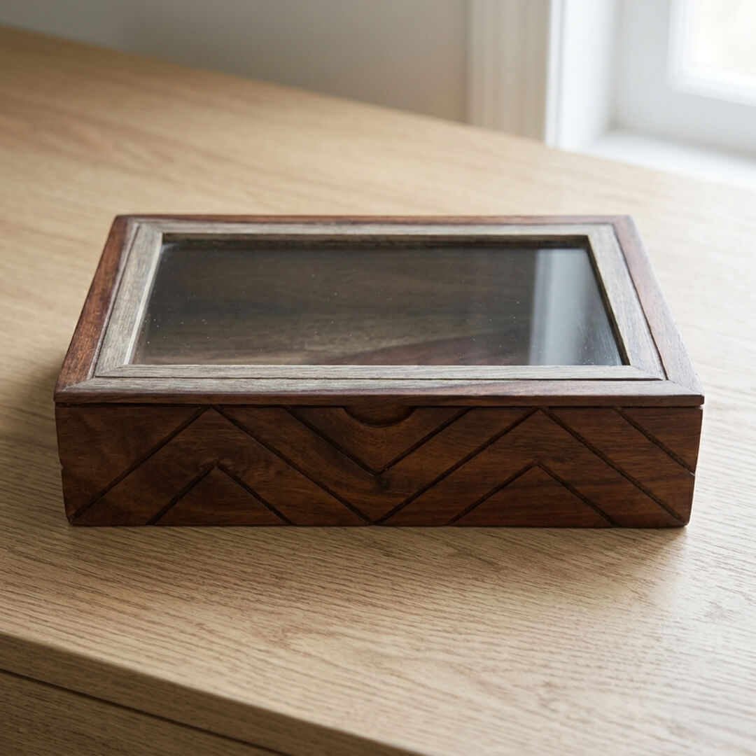 Glass Lid Utility Box in Sheesham Wood