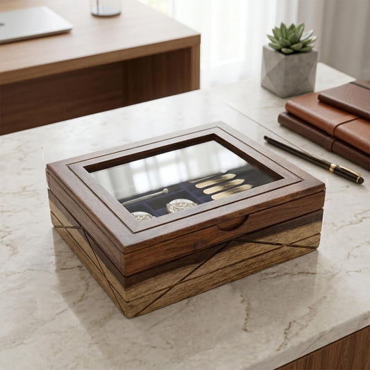 Glass Lid Utility Box in Sheesham Wood